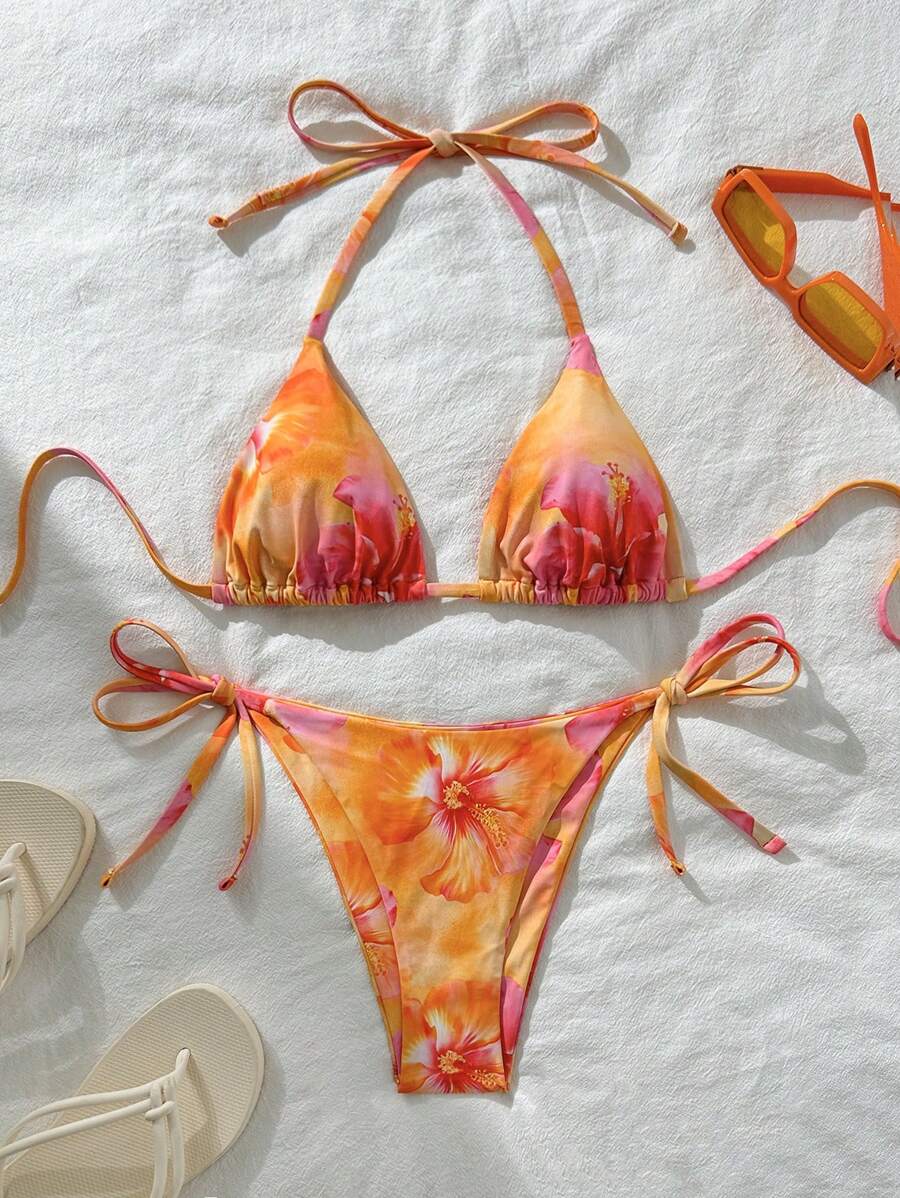 SHEIN Swim Women's Random Print Halter Neck Tied Bikini Set, Summer
