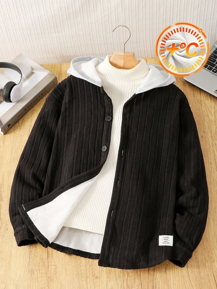 Giubbotto Casual con cappuccio per ragazzi Tween in tessuto di cashmere finto ad effetto melange argentato con toppe in lettere decorate di volpe finta