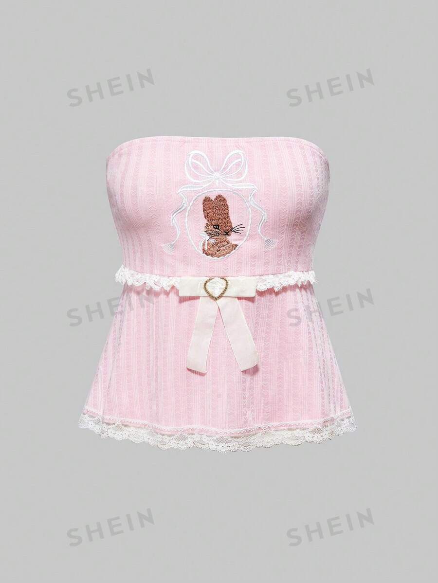 ROMWE Kawaii Parte superior tipo camisola con cuello halter, encaje bordado y lazo de conejito estilo Lolita Kawaii para mujer