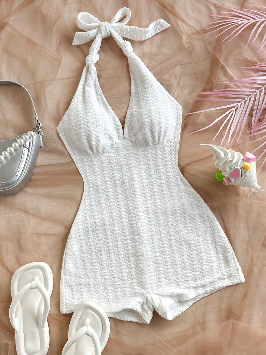 Soleia Plus Size Women Vacation White Knit Chiffon Texture Deep V-Neck Tie Waist Jumpsuit, Slim Fit, Suitable For Party, Valentine's Day Date, Can Be Worn As Outerwear Or Innerwear