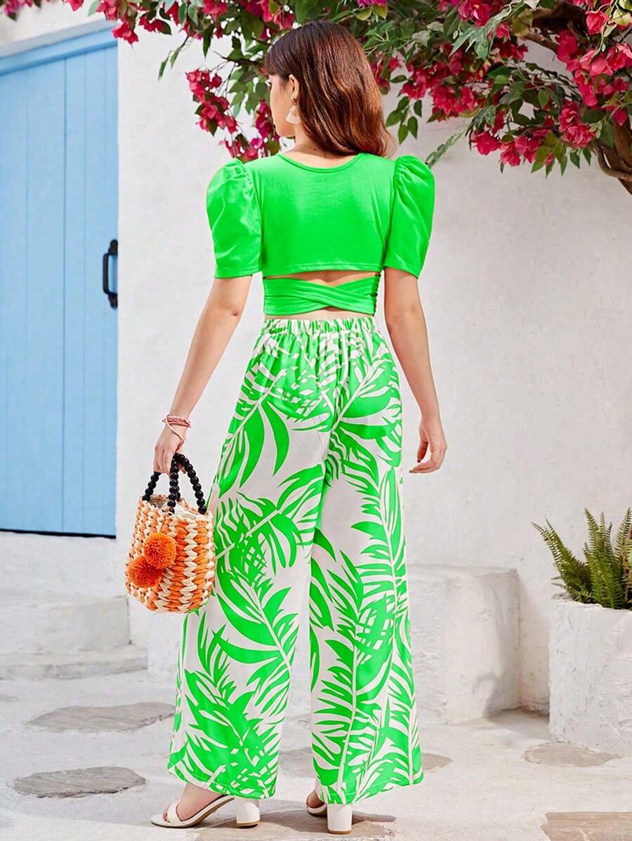 Teenager Mädchen Set aus einfarbigem Kurzarm Crew-Neck Top und Hose, 2-teilig, modisch für den Sommer