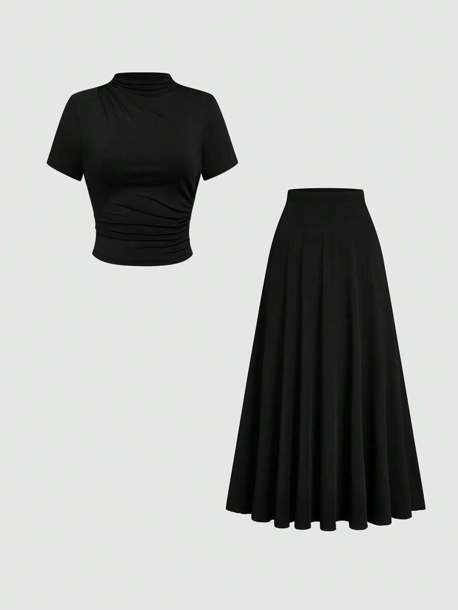 SHEIN Clasi 2 stuks Plus Size Elegante Forensen Effen Kleur Staande Kraag Gerimpelde Korte Mouw Top En Rok Set