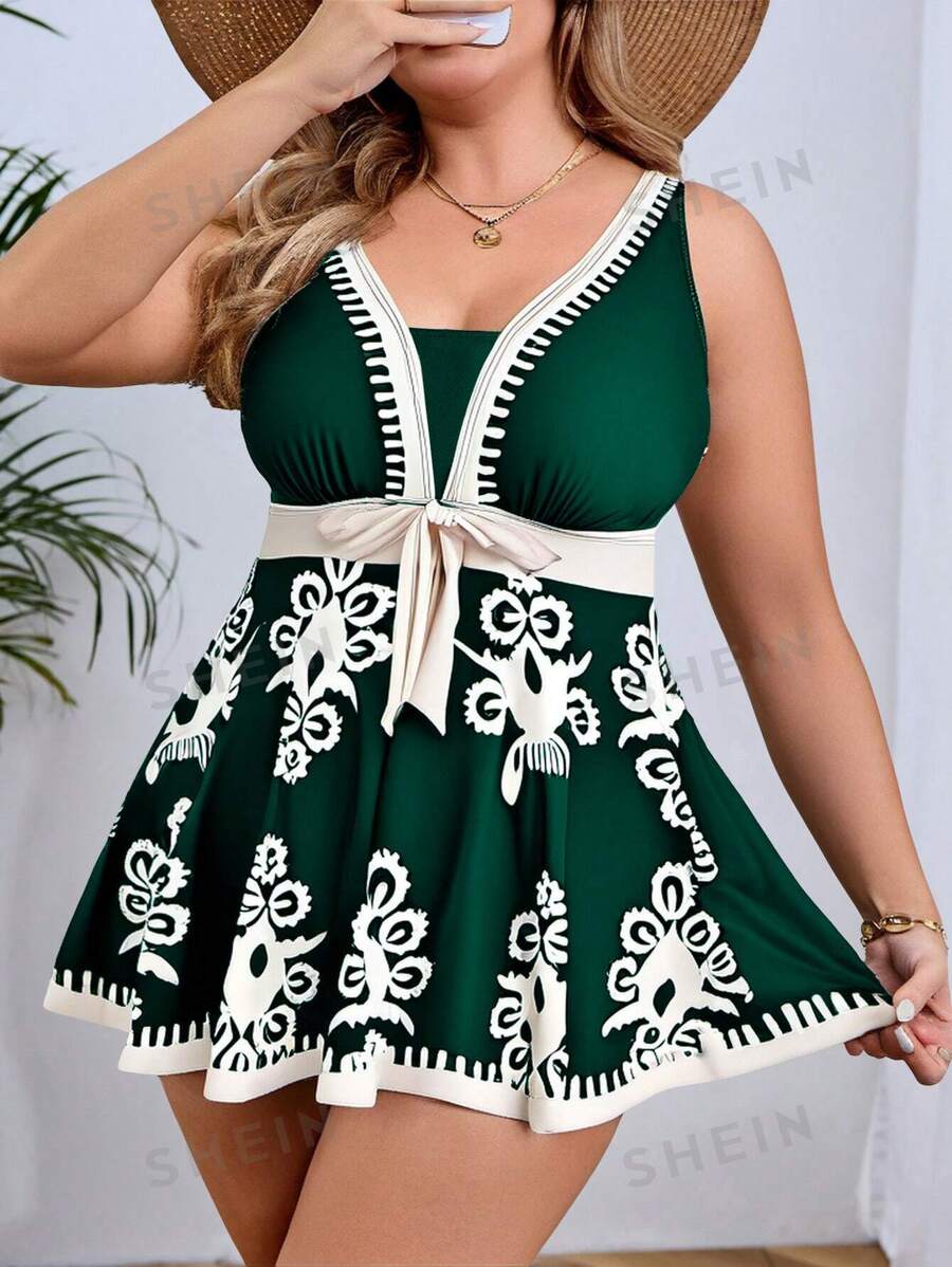 Swim Lushoire Conjunto de falda de natación con estampado floral y nudo en la cintura talla grande para mujer