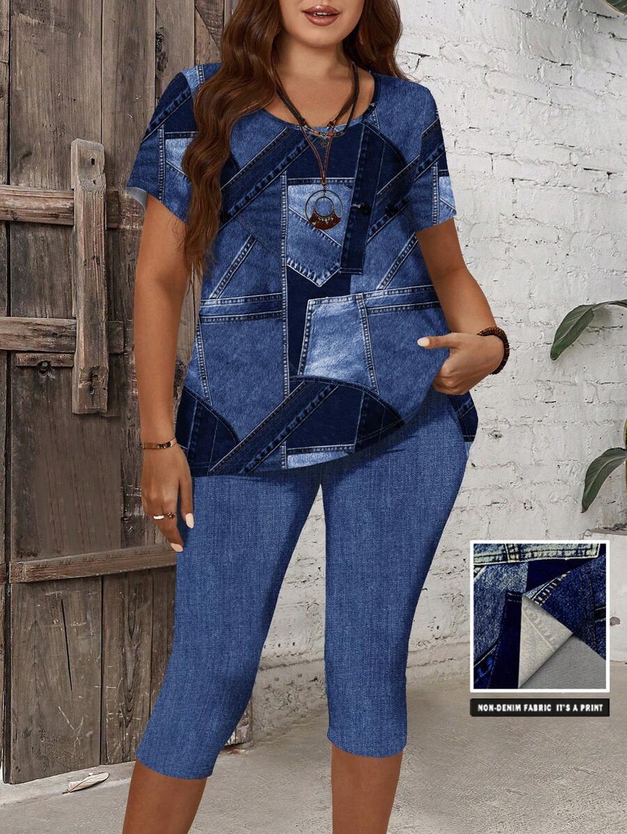 EMERY ROSE 2 pezzi Set da donna taglie forti di maglietta estiva casual con stampa effetto jeans patchwork e leggings 7/10 lunghezza