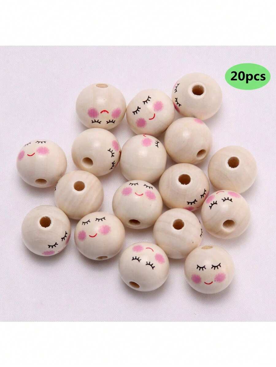 SHEIN New 20Pcs Smiling Wooden Round Expression Pine Beads For Jewelry Making DIY Creative Bracelet, Necklace Handmade Beading Craft Supplies