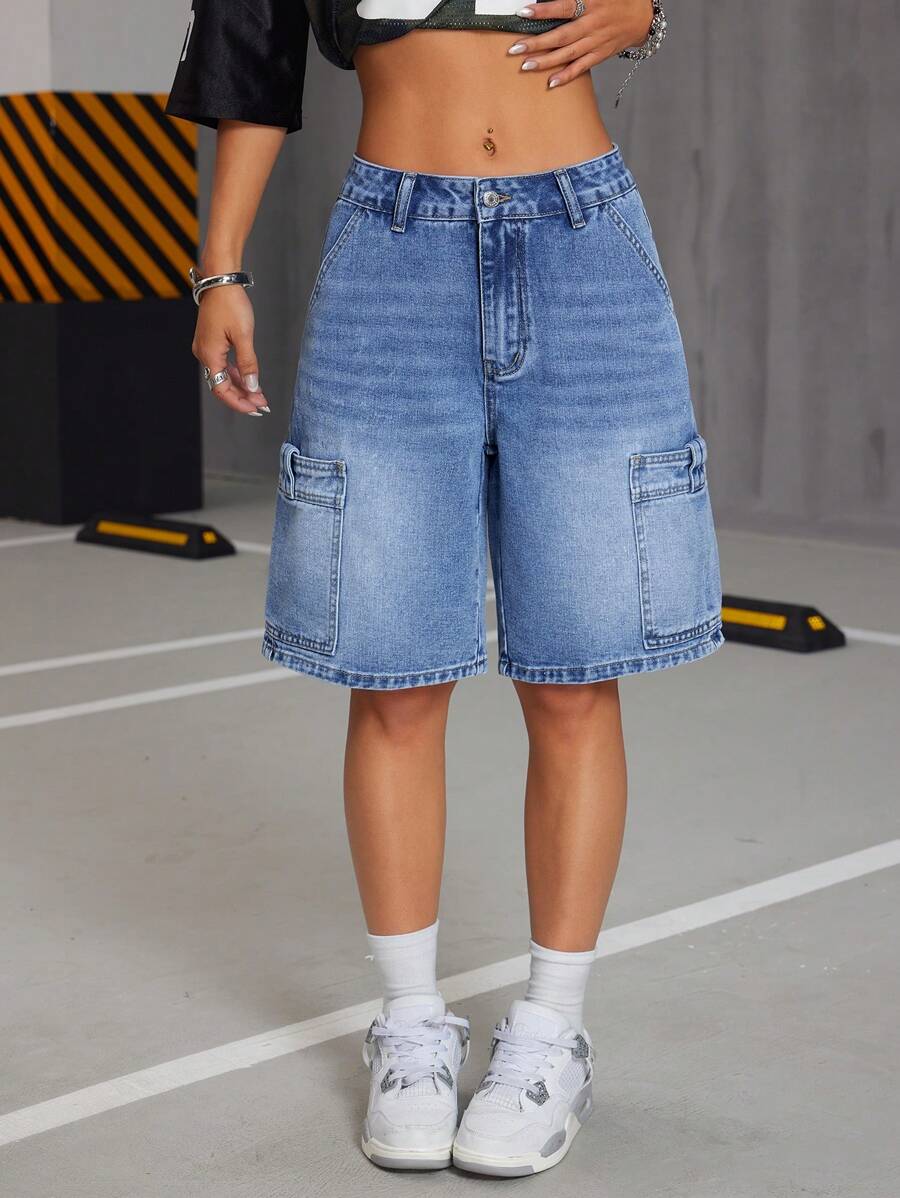 SHEIN ICON Bermuda di jeans cargo con tasche grandi e vita bassa