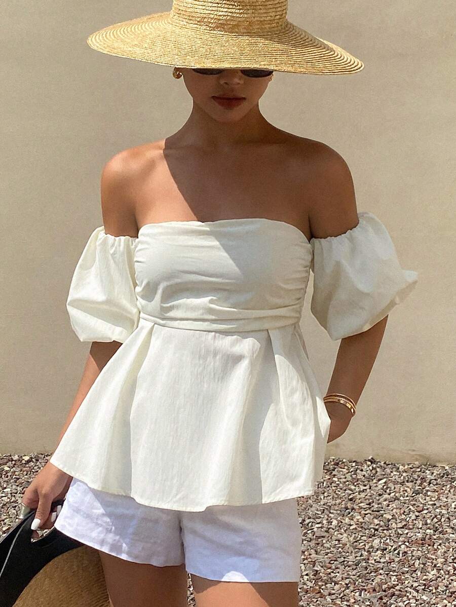 Livesso Blusa corta a spalle scoperte con maniche a sbuffo, di colore unito, per vacanze al mare, crociere, outfit da donna. Top a balze, scollo a spalle scoperte