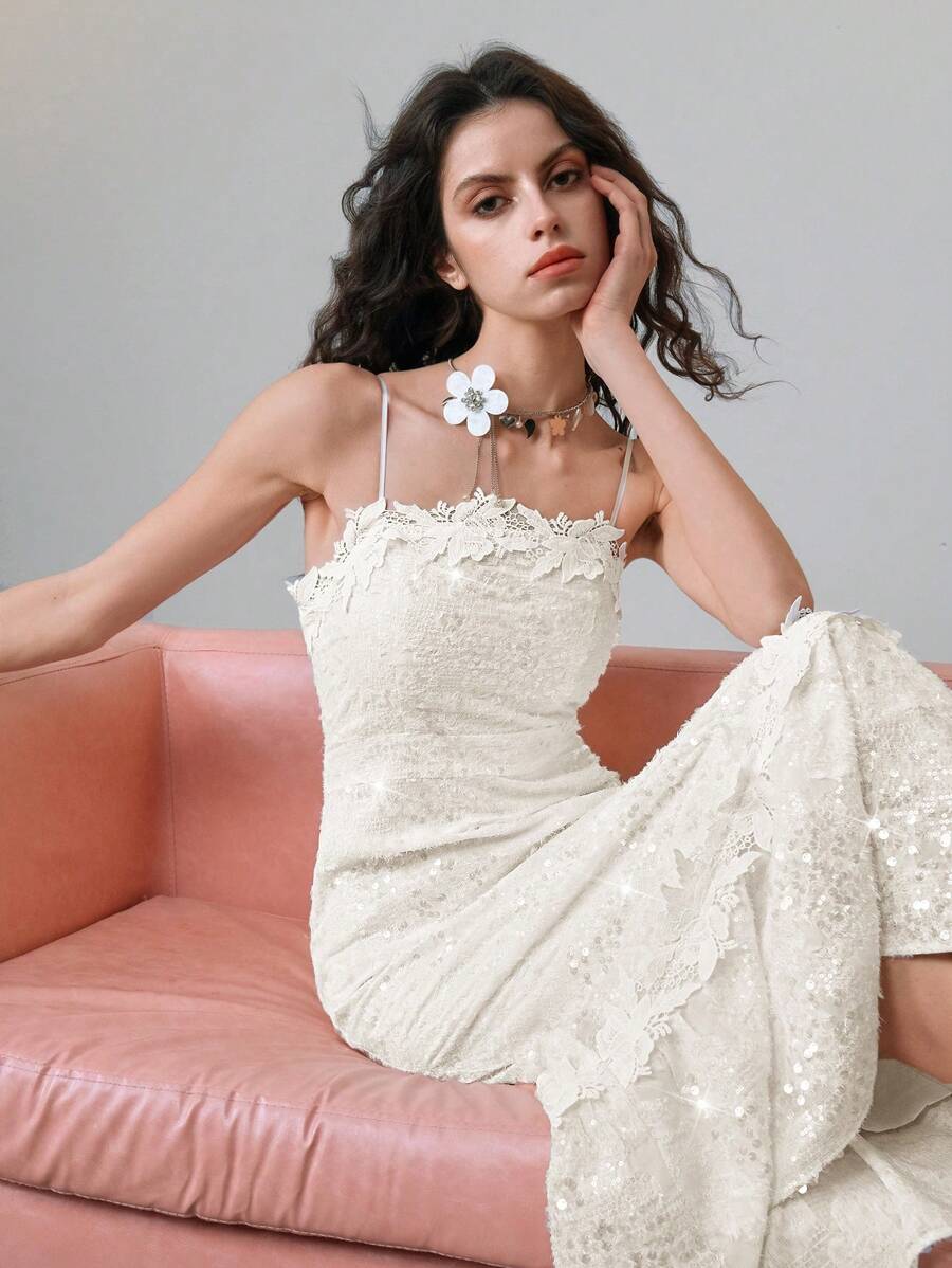 Chiquease Abito da donna con spalline a spaghetti e ricamo di paillettes, colore albicocca, stile da resort, adatto per feste, matrimoni, damigella d'onore