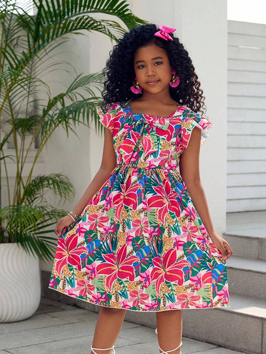Tween Girls Tropical Print Cami Strap Ruffle Hem Dress, Summer Bestselling Floral Pattern, Sweet Holiday Style, Must-Have Princess Vacation Outfit!