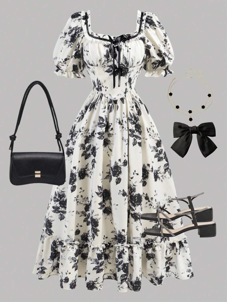 Girlism Teen Girls' Contrast Rose Floral Print Tie-Waist Puff Sleeve Sweetheart Neck Flounced Hem Dress, Suitable For Vacation, Holiday, Graduation, Party, Luncheon