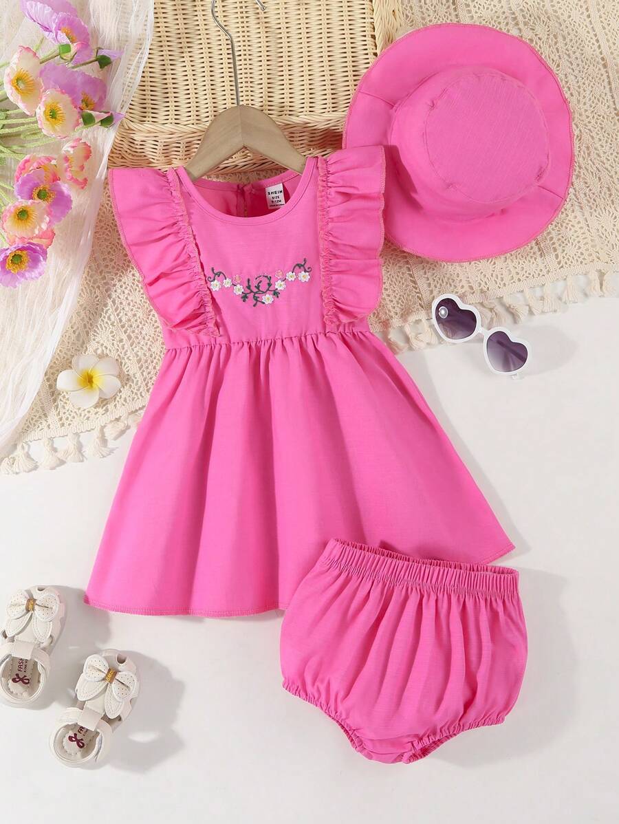 SHEIN Conjunto de 2 piezas de vestido sin mangas con volantes y pantalones cortos para bebé niña