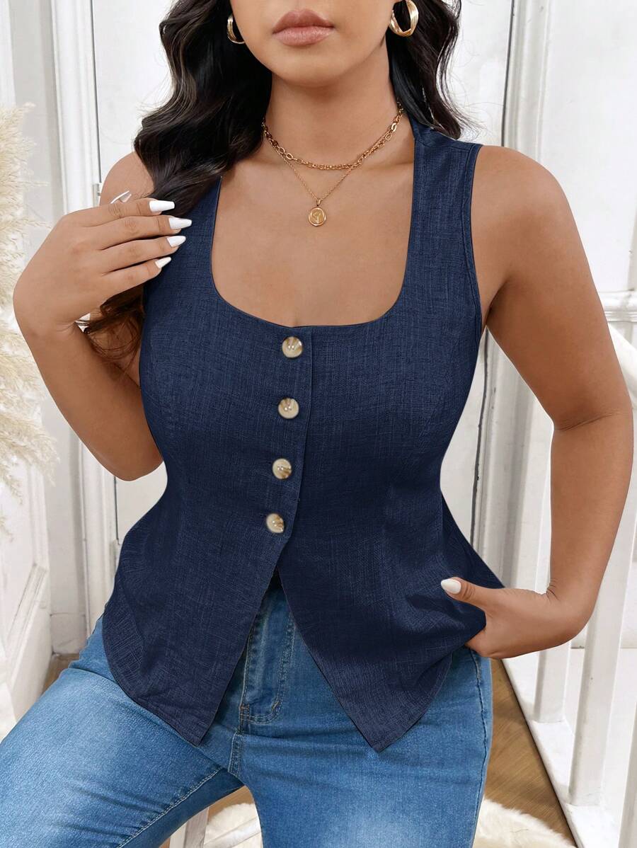 SHEIN Frenchy Blusa sin mangas de talla grande para mujer, de unicolor, con botones decorativos. Blusa de lino, con hebilla decorativa en la parte delantera. Blusa con abertura frontal, simple, elegante, estilo viejo de dinero. Tela natural y cómoda, buena permeabilidad al aire, adecuada para el uso diario y vestimenta de vacaciones.