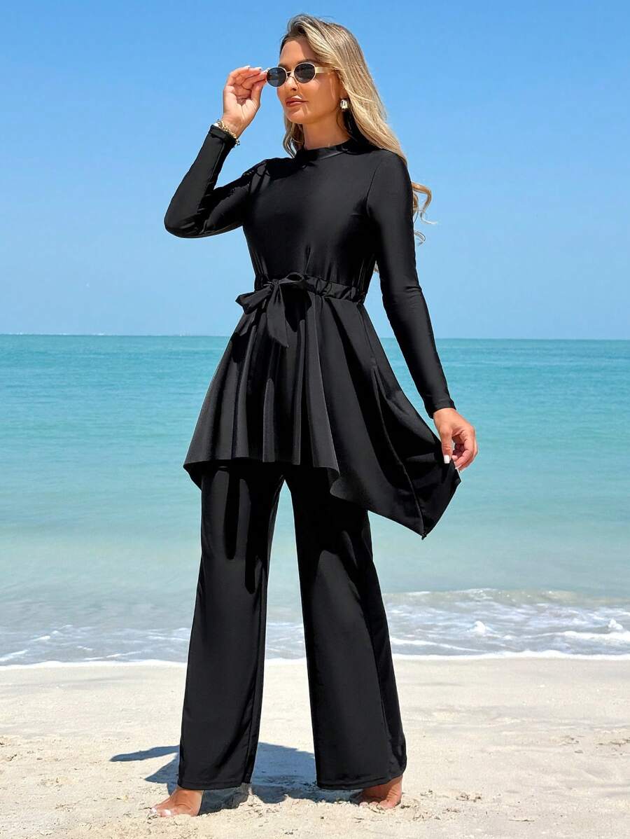 Swim Mulvari 2 pezzi Costume da bagno da donna, top a collo tondo manica lunga e pantaloni con coulisse in vita, set burkini modesto per vacanze, protettivo dal sole
