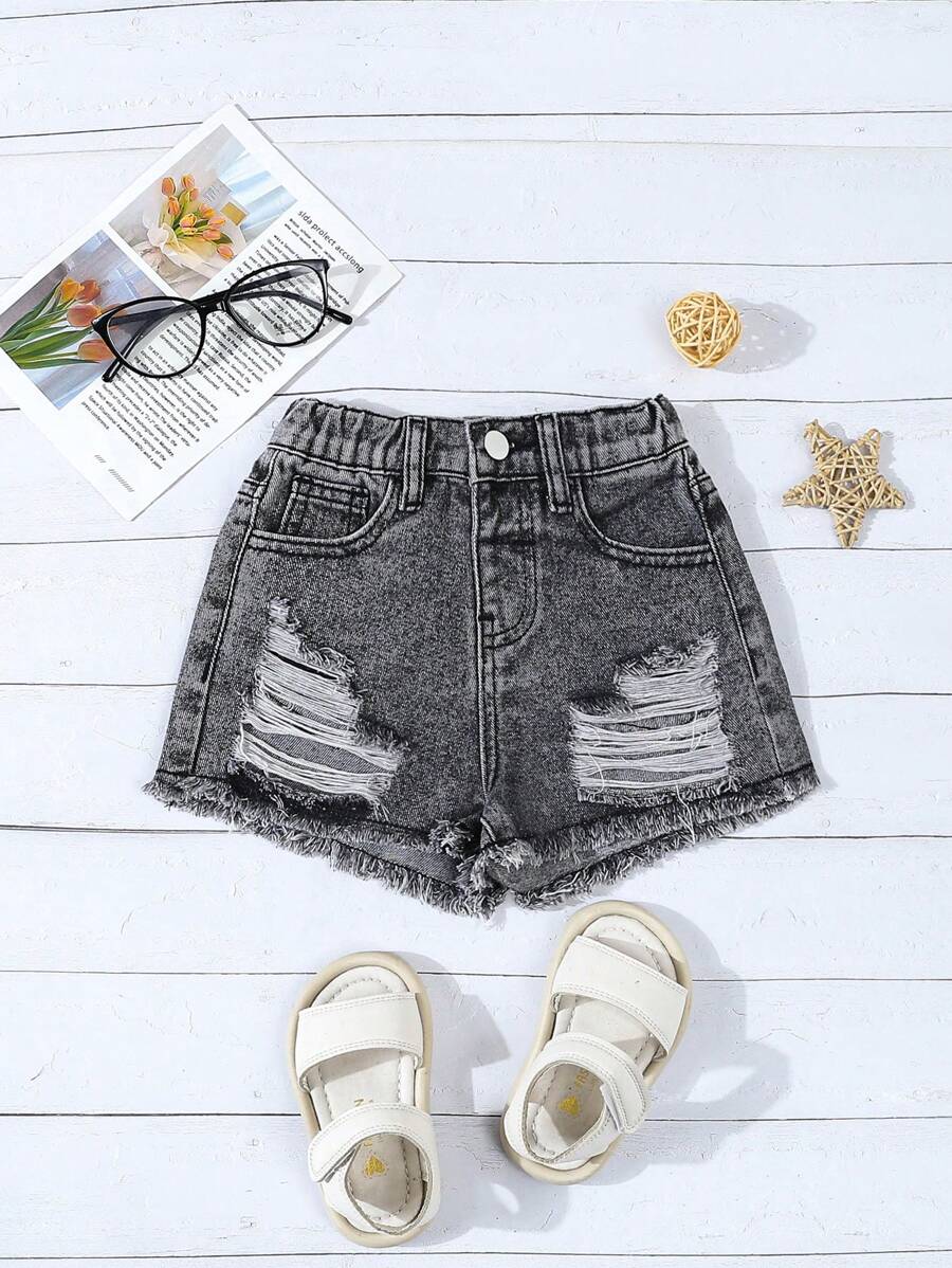 SHEIN Pantalones cortos vaqueros de pierna ancha de línea A versátiles y con dobladillo deshilachado para niñas, verano