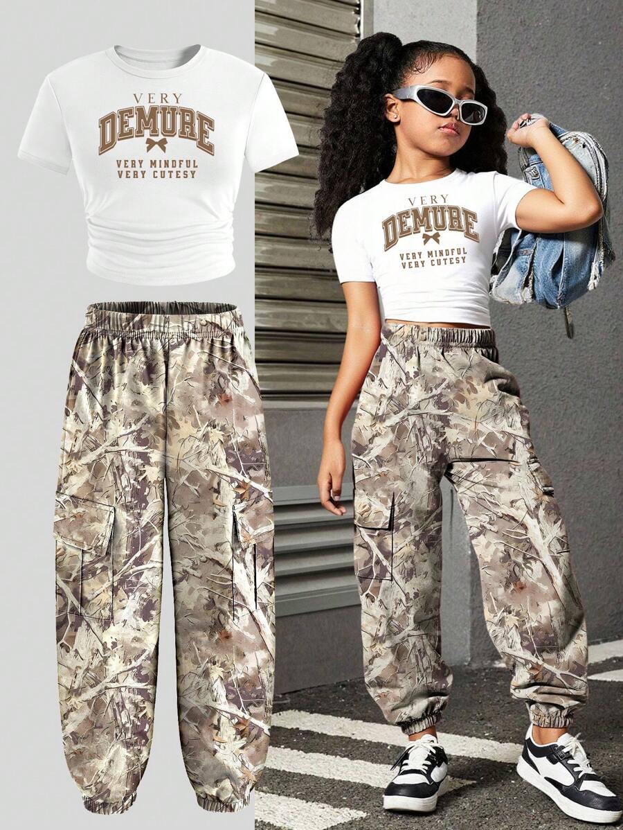 SHEIN Tween Girl Casual Letter Print Short Sleeve Top And Camouflage Cargo Long Pants, Summer