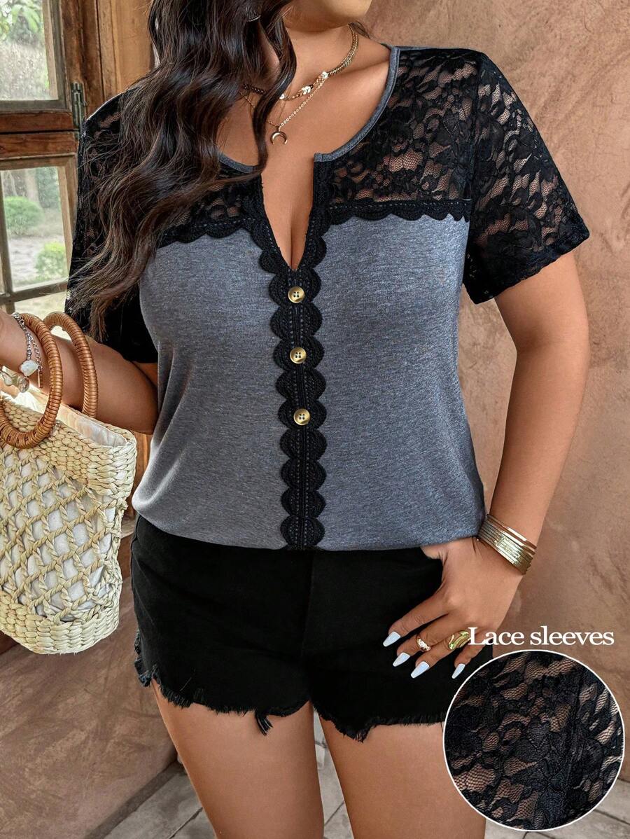SHEIN LUNE Plus Contrast Color Sexy Lace Button Decorated Casual INS Style Summer T-Shirt