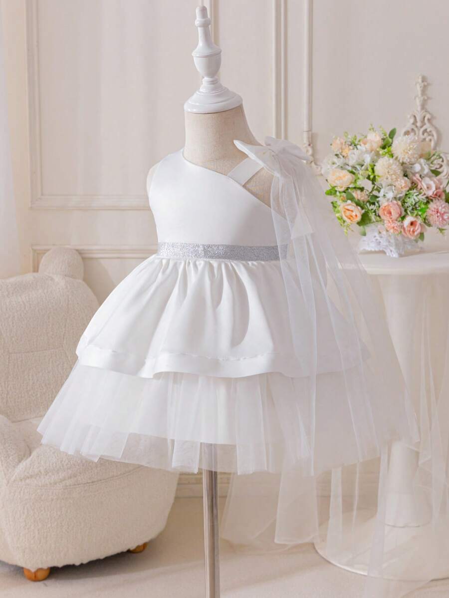SHEIN Glamorique Kids Baby Girl Flower Girl Removable Big Bow Shoulder Wedding Dress, Elegant Mesh Dress Suitable For Wedding, Festivals, Parties, Summer Baby Dress Girl Wedding Princess Dress For Girls Baby Girls Dresses Baby Elegant Dress Baby Girl Dress Wedding