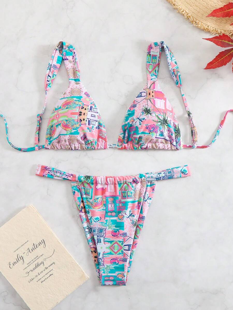 Swim Mod Conjunto de bikini con estampado todo sobre de mujer, para vacaciones de verano