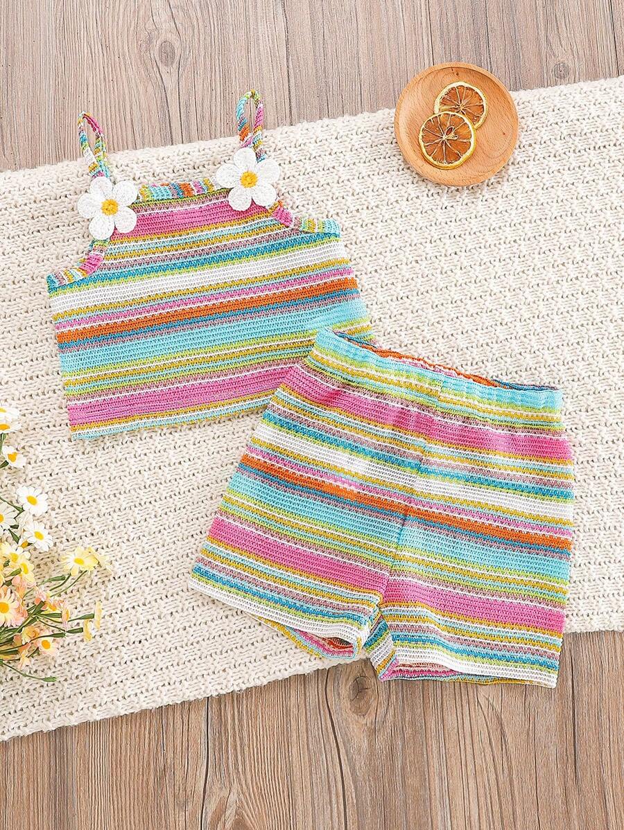 SHEIN Vintaside Kids 2 pezzi/set Top con cerniera ricamato con motivo floreale e righe arcobaleno + pantaloncini con vita elastica per bebè femmine, tuta casual estiva comoda e morbida, adatta per vacanze e spiaggia