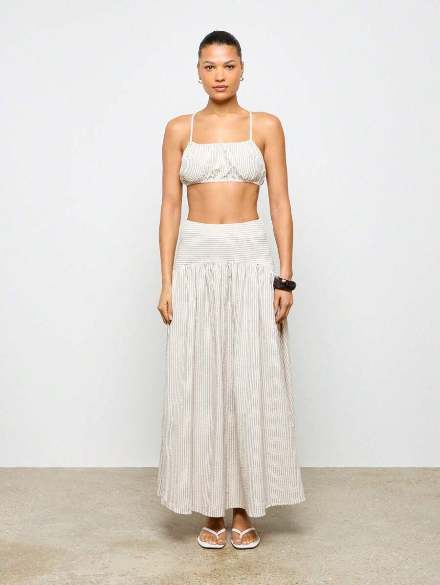 AiiRZ Set gonna plissettata a righe maxi e top a fascia, look spiaggia estivo, vacanze e tempo libero, outfit casual due pezzi