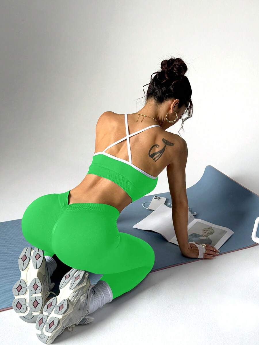 SHEIN Sport Studio 1 Set Women Sports Spaghetti Strap Top And Solid Color Pants, Stylish Outfit Suitable For Summer