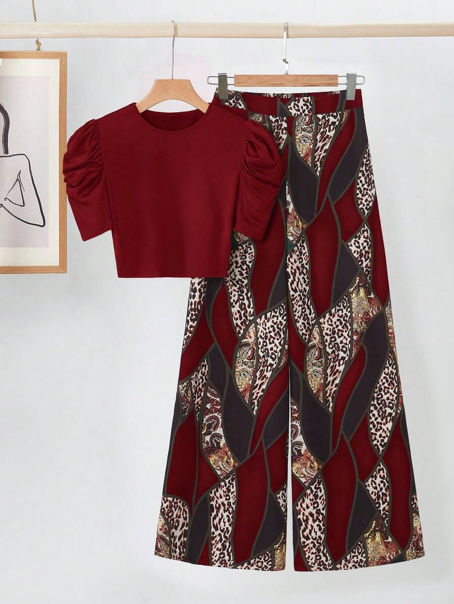SHEIN Clasi Completo da donna con Maglietta a collo tondo e pantaloni a zampa larga con stampa leopardata