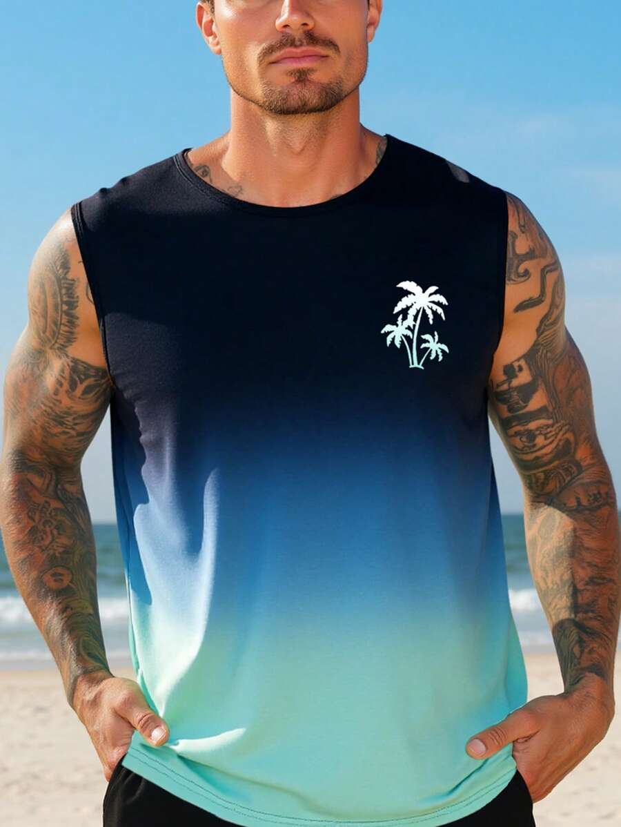 ResortEase Plus Size Men's Palm Tree Graphic Round Neck Casual Tank Top