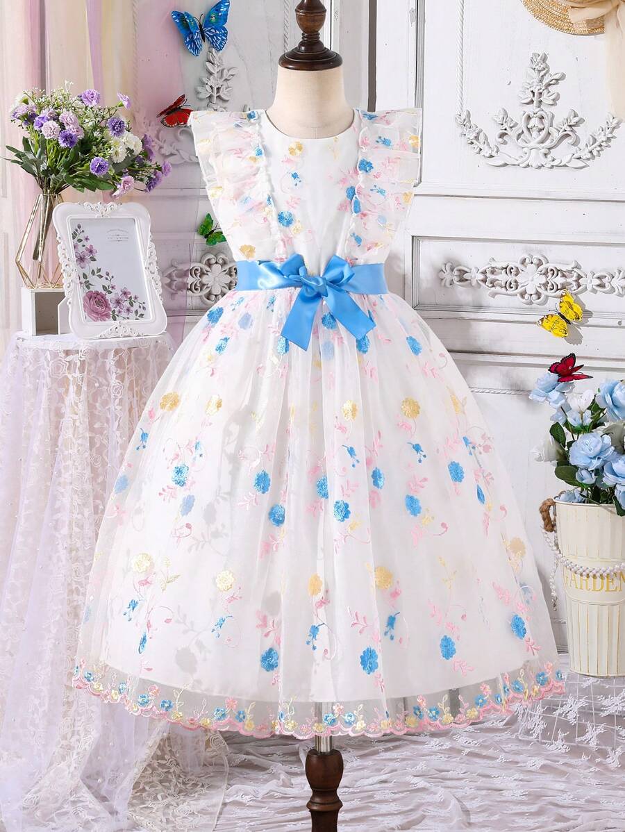 SHEIN Vestido de princesa de niña preadolescente con bordado floral, elegante vestido formal ligero