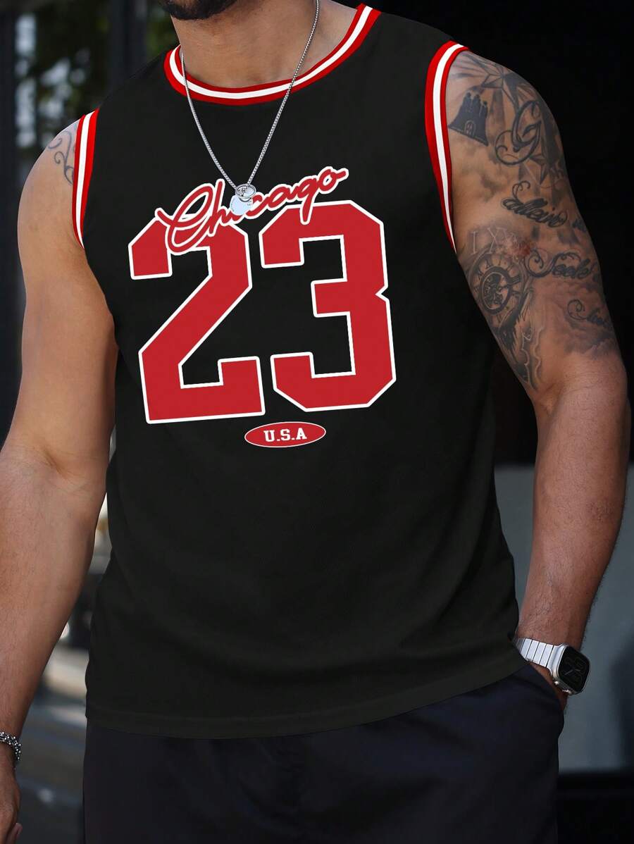 Manfinity Sporsity Camiseta sin mangas de talla grande para hombre de verano con estampado numérico y ribete
