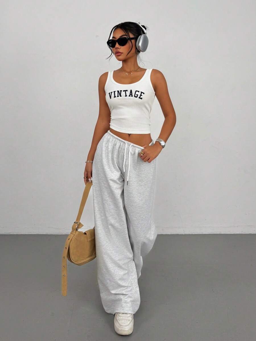 SHEIN PETITE Women's Summer Simple Front Tie Loose Sweatpants, Casual Daily Wear