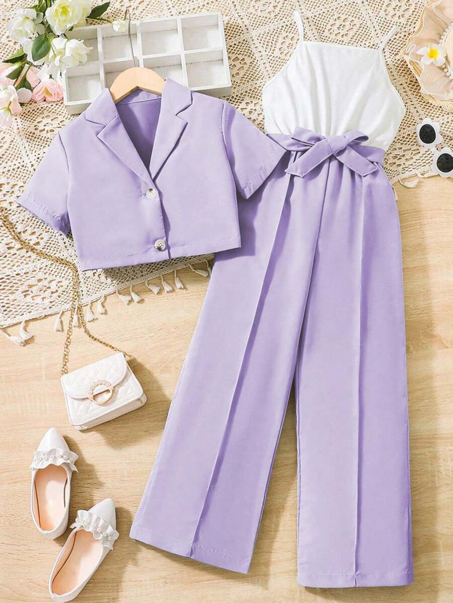 SHEIN Conjunto de 2 peças/conjunto de jaqueta e macacão de cor sólida casual de verão para meninas adolescentes