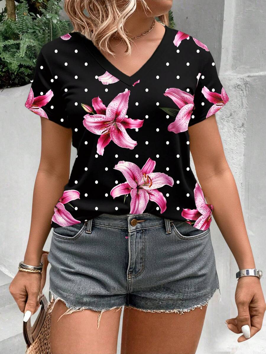 INAWLY Maglietta casual da donna con scollo a V, maniche corte, stampa floreale e a pois
