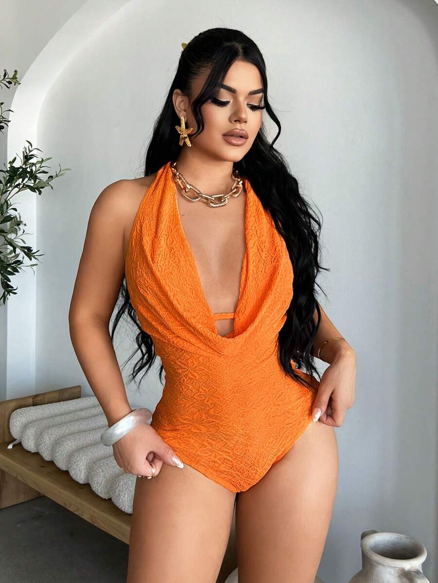 SHEIN SXY Women's Solid Color Plunge Neck Sexy Elegant Backless Bodysuit For Vacation