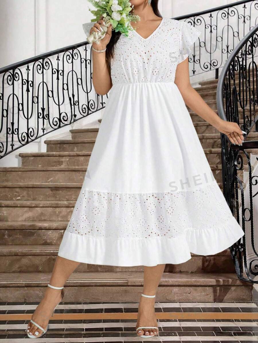 SHEIN Clasi Vestido talla grande con escote en V bordado, parches, manga abullonada con abertura y cintura ceñida, en estilo casual de vacaciones