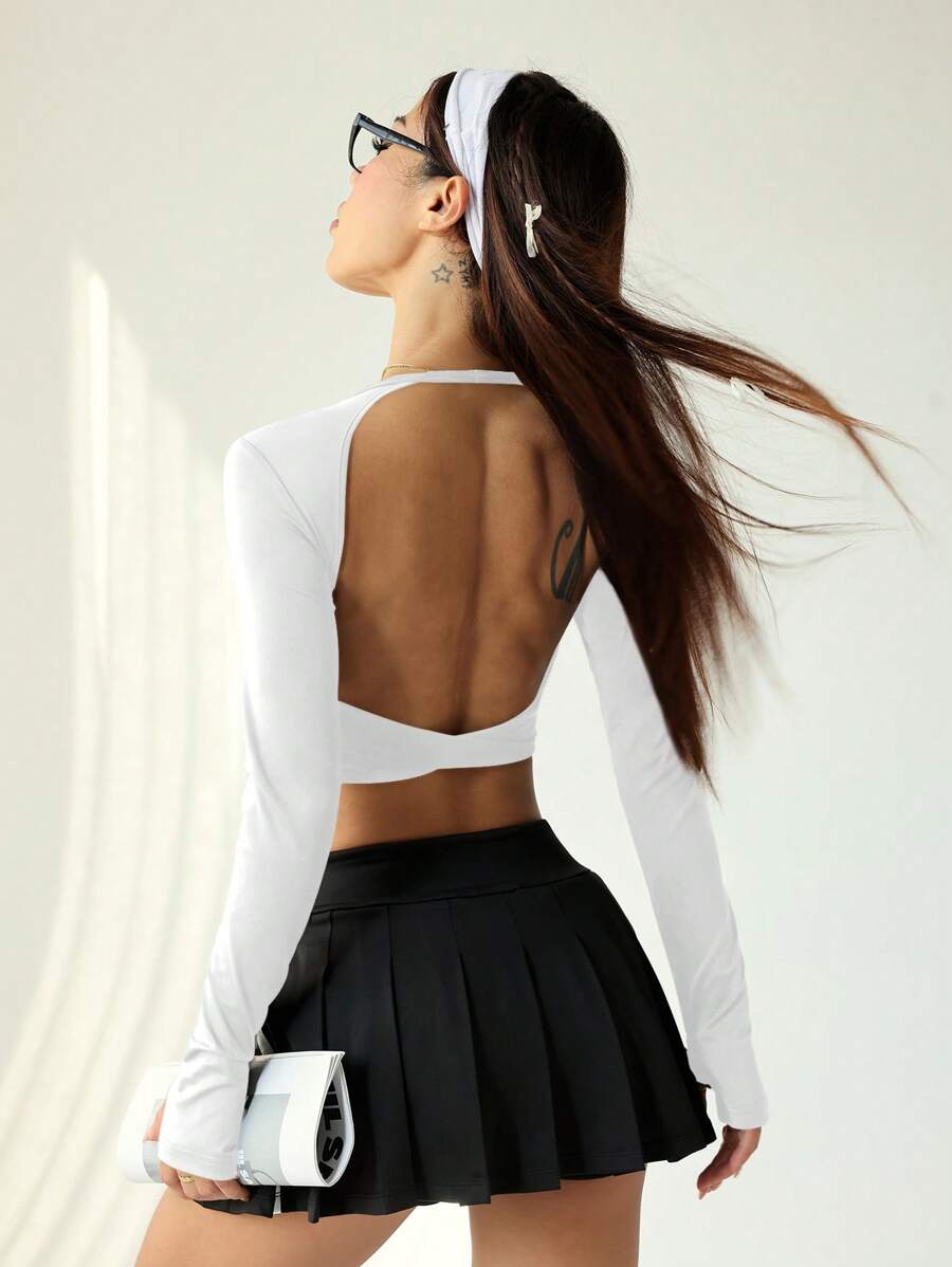 SHEIN Sport Studio Damen einfarbiges Shirt mit Rundhalsausschnitt, Langarm und Ausschnitt am Rücken, Sportive Optik