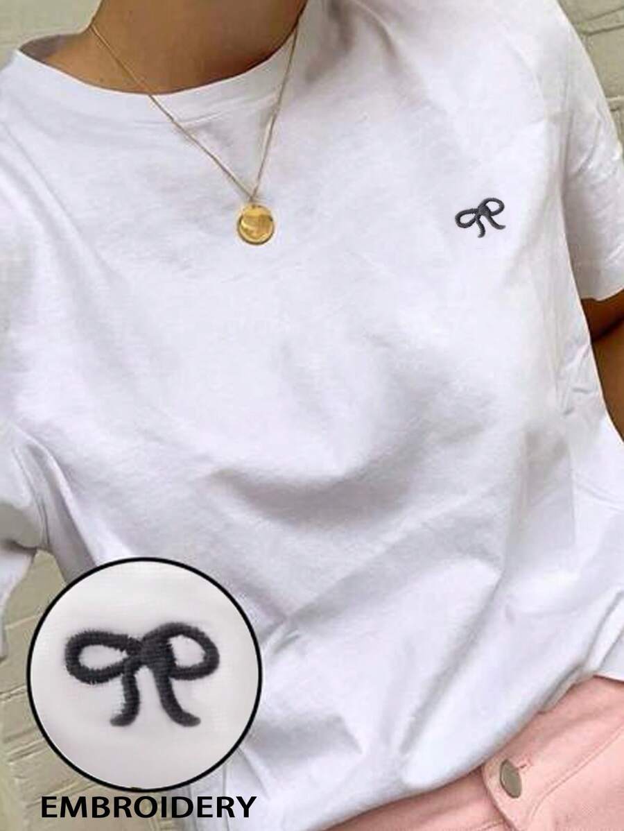 INAWLY Maglietta casual e comoda da donna, per primavera/estate, blusa con ricamo a fiocco