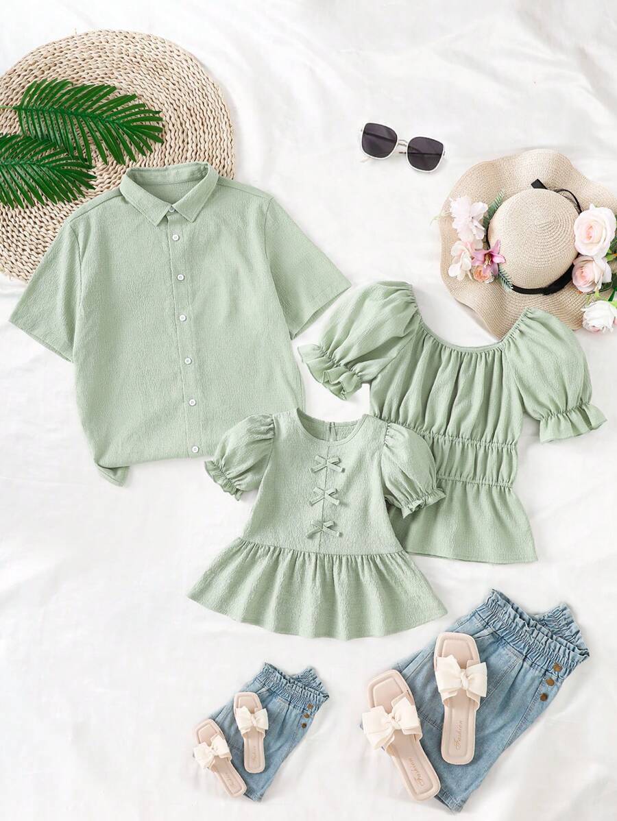 Bluză de cămașă verde țesătă pentru fetiță, ocazională, elegantă, texturată, potrivită pentru vară, vacanță, în aer liber, cumpărături