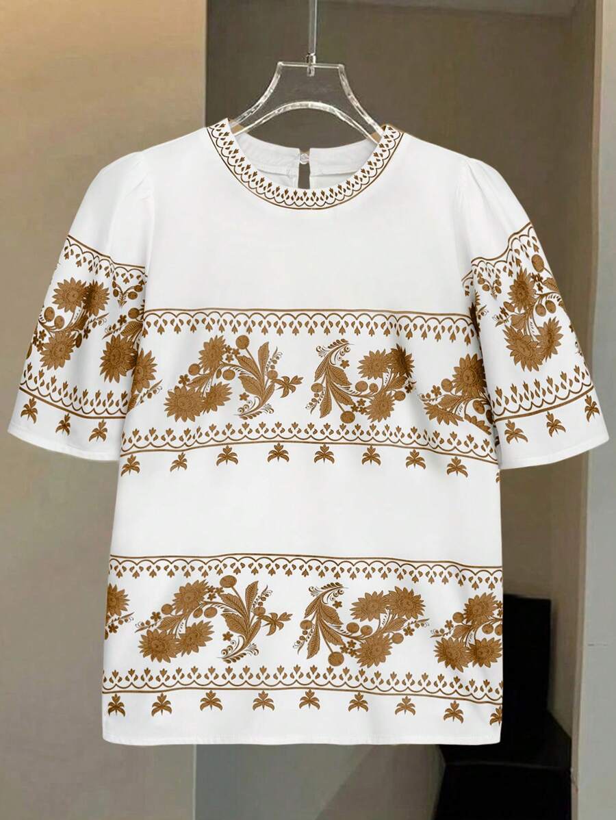 SHEIN LUNE Camicia da donna con stampa posizionata e testurizzata, ricamata