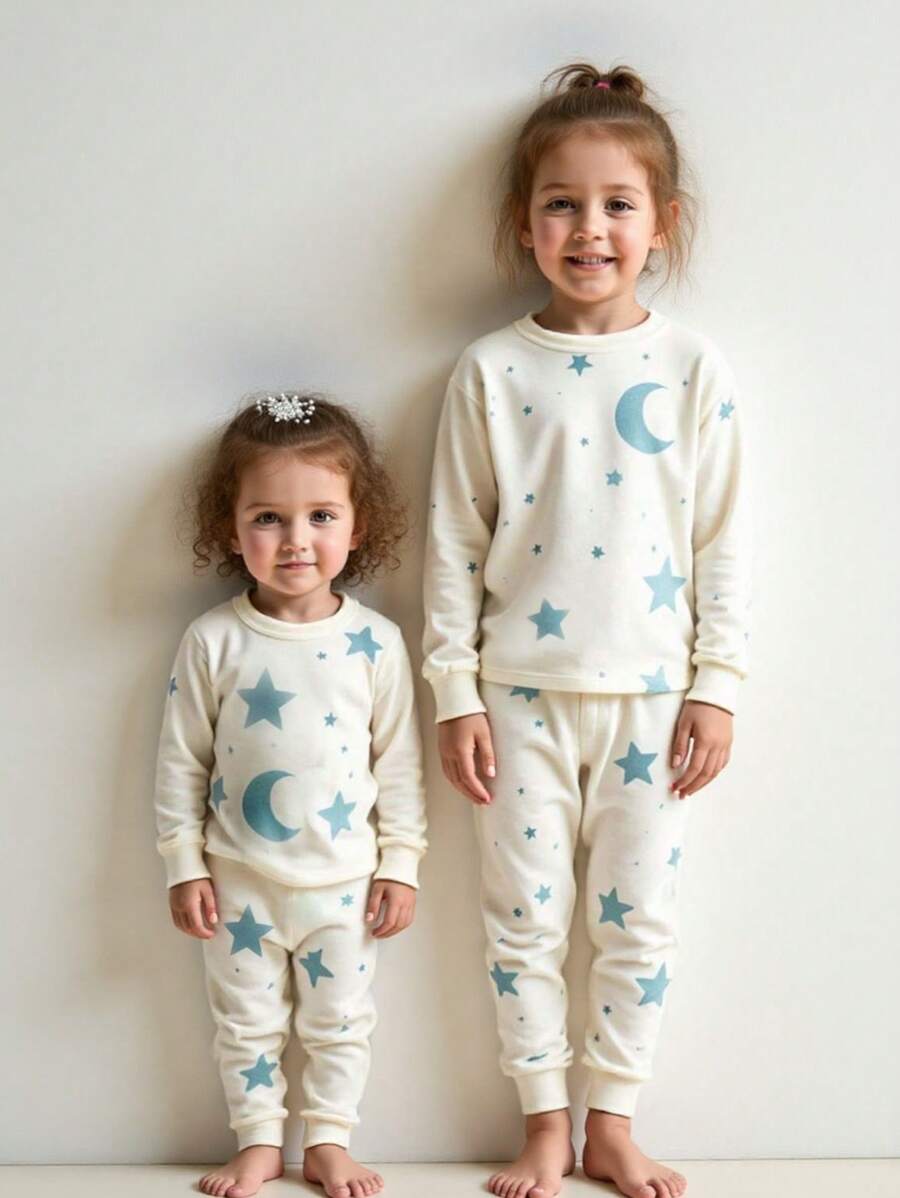 2 Stücke/Set Kleine Mädchen Weich Glatt Baumwolle Strick Stern Mond Muster Weiß Rundhals Lang Ärmel Hose Pyjama Set, Geschwister Kombination