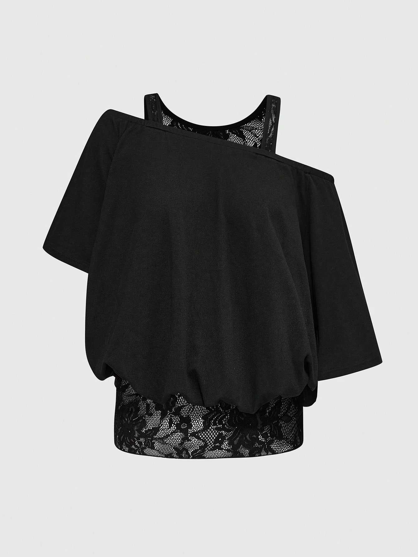 ROMWE Goth Sexy Asymmetric Shoulder Black Lace Patchwork Asymmetrical Ruffle Hem Loose Women T-Shirt