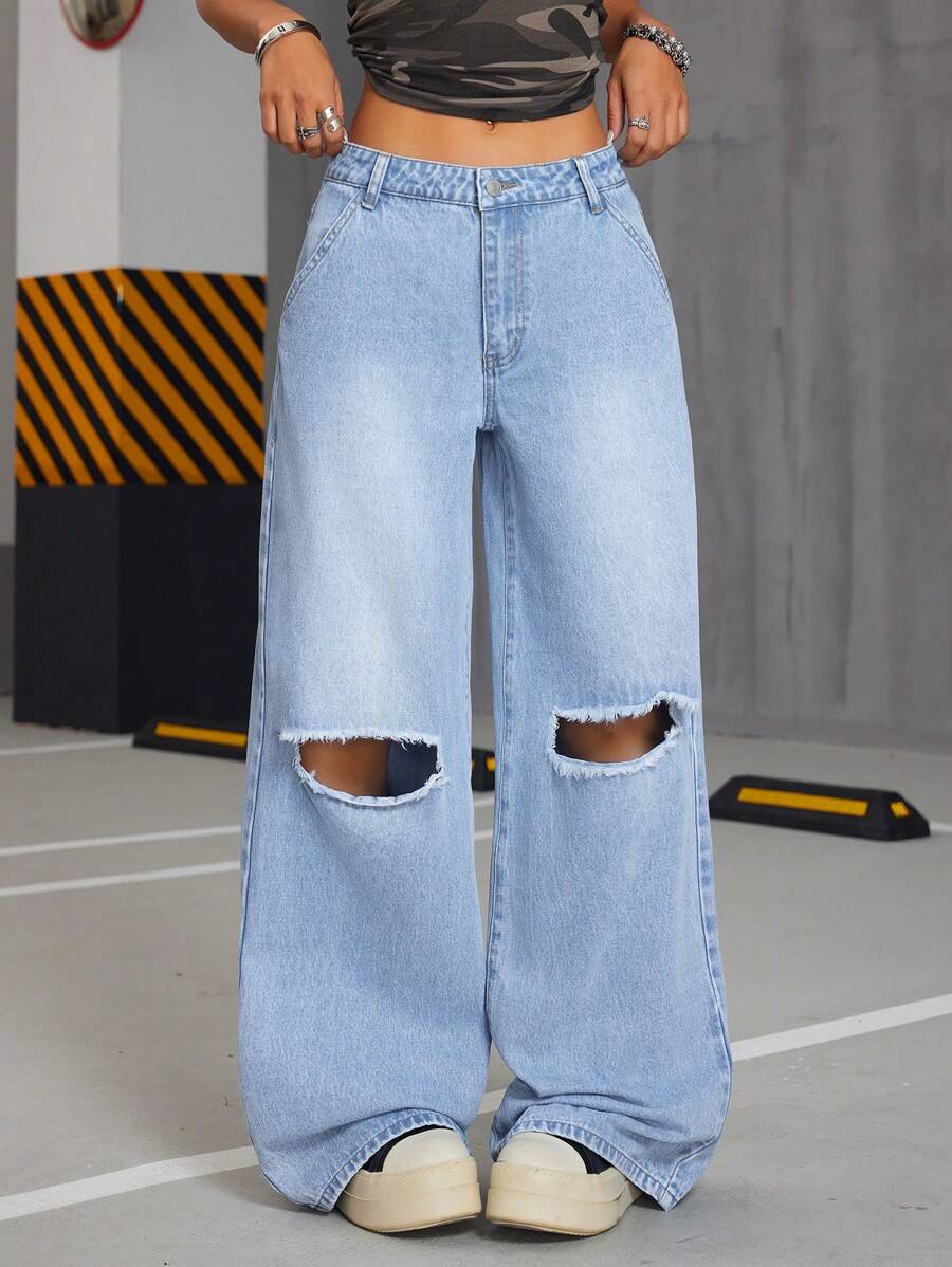 SHEIN ICON Jeans casual lavati a vita bassa strappati con gamba larga da donna
