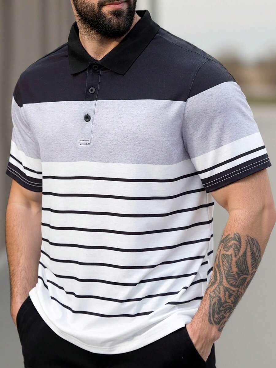 Manfinity Homme Plus Size Men's Plain Color Patchwork Front Button Short Sleeve Casual Polo Shirt