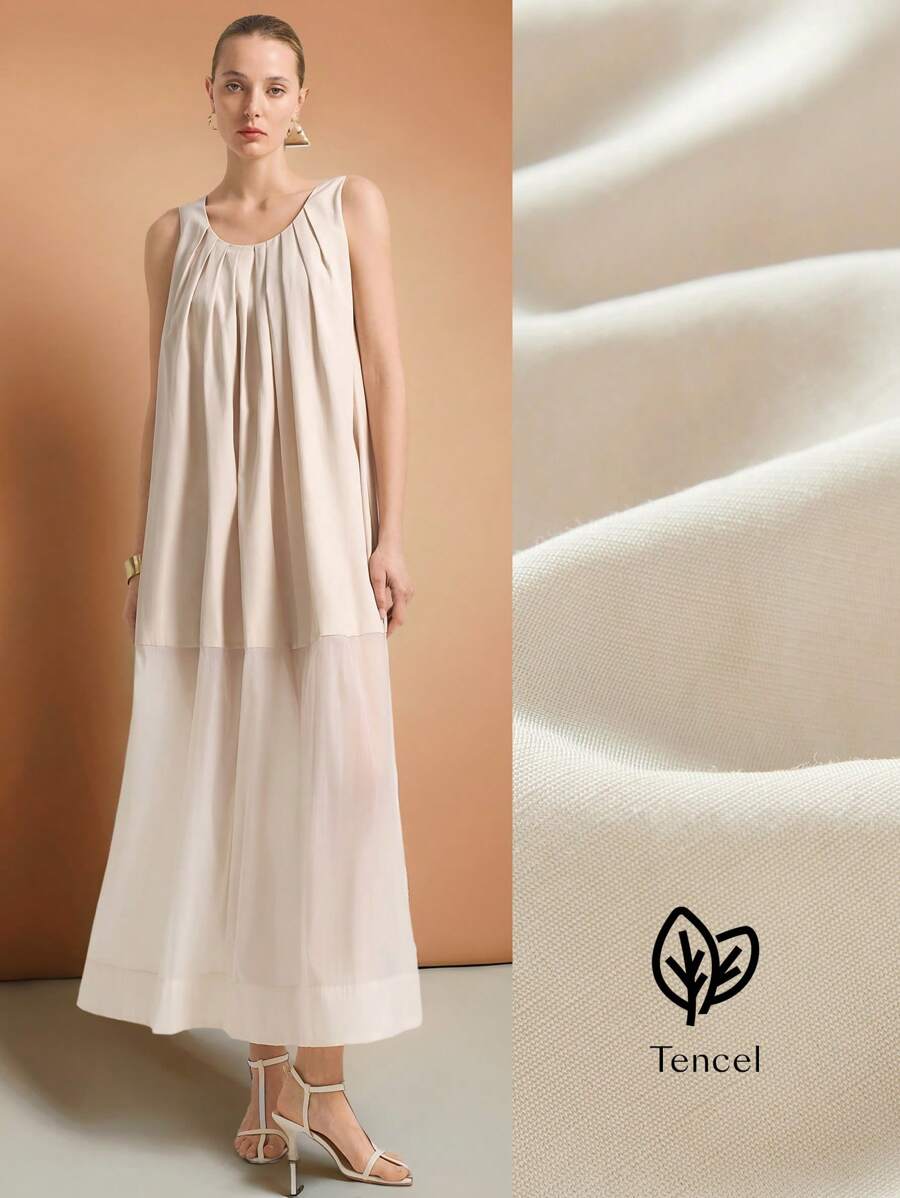 Ontre 2025 Women Solid Color Pleated Round Neck Sleeveless Casual Dress