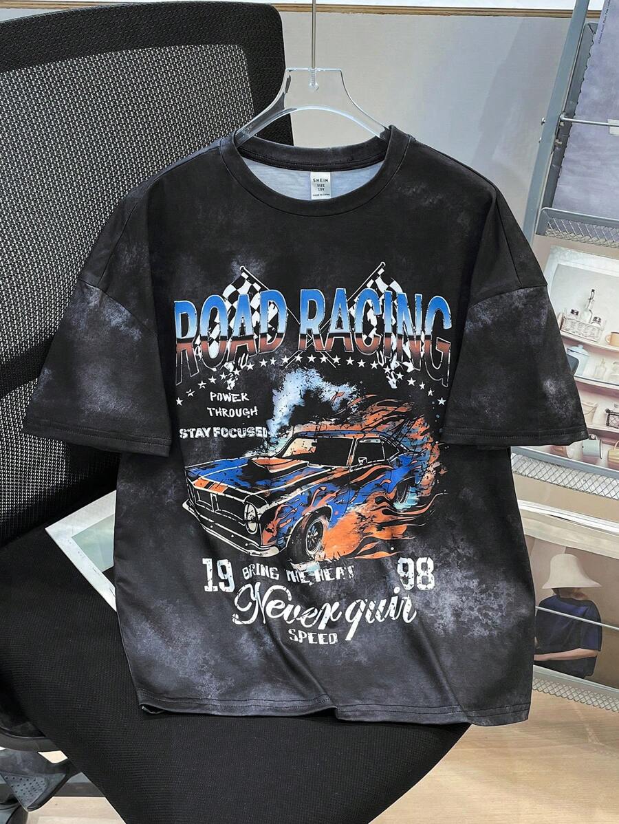 SHEIN Camiseta de punto de manga corta holgada con estampado de letras de , cuello redondo, versátil y cómoda, adecuada para ir al colegio, tiempo libre diario, vacaciones, deportes, primavera y verano, para niños preadolescentes