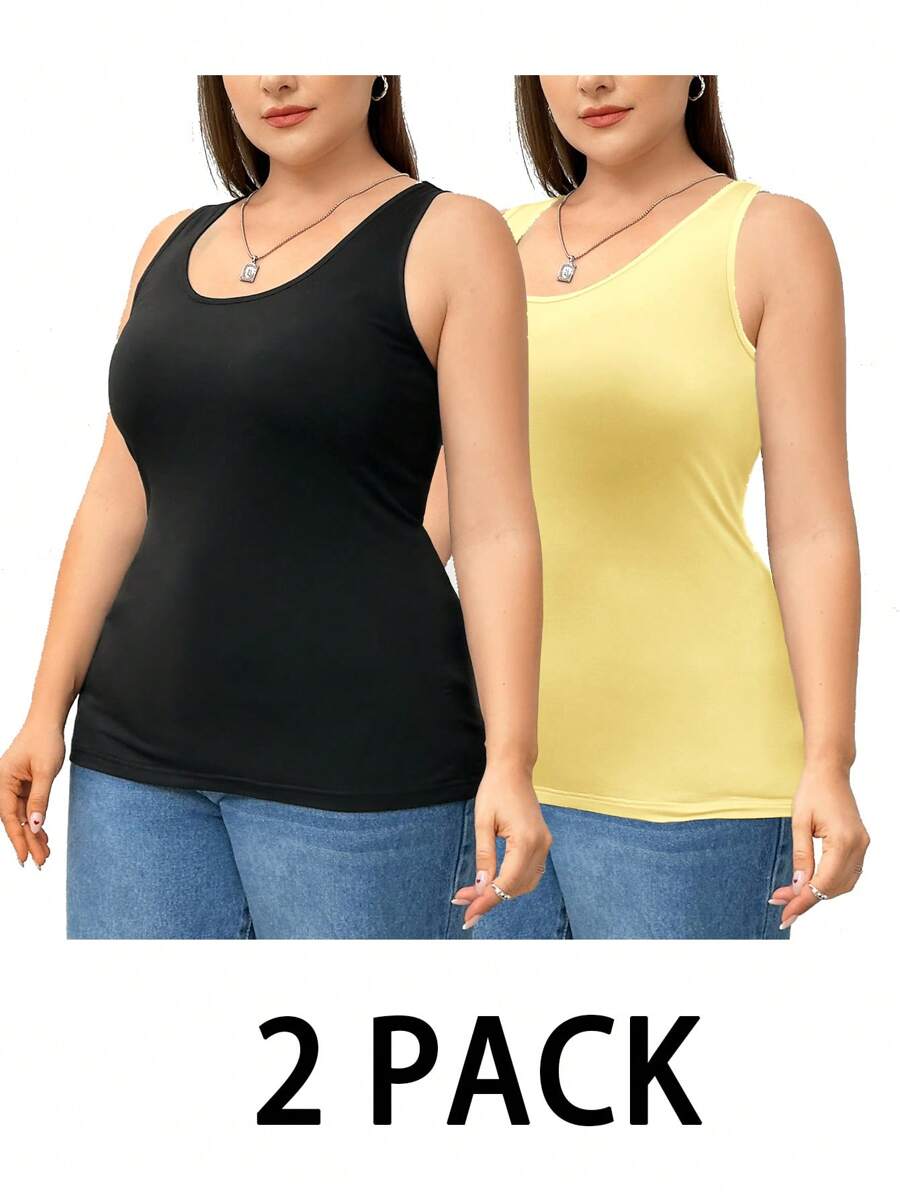 SHEIN Essnce Plus-Size Camisole Drinking Tank Top, Women's Black Top, 2 Pieces, Base Top,Hollowed Costumes Sexy Women Outfits Going Out Tops,Two Pieces Fall Outfits Fall Clothes Curve,Women Sweater Vest