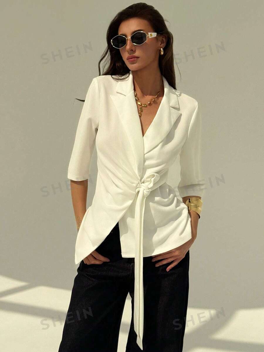 Aloruh Chaqueta tipo blazer de traje de mujer unicolor con cinturón de amarre, para la oficina y paseos, de estilo sencillo y elegante, corte ajustado, blanca, con lazo en el frente