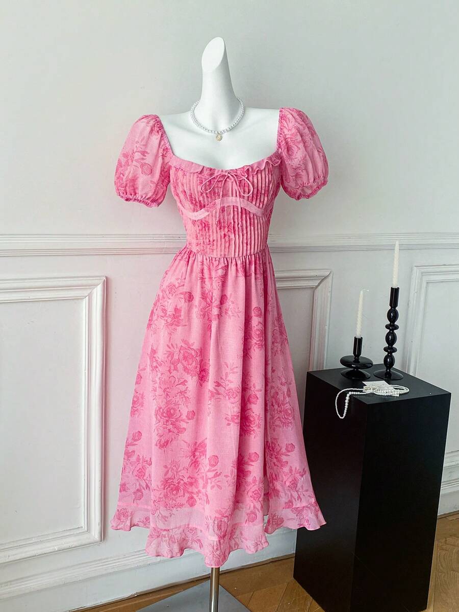 Comfortcana Abito elegante da donna a metà polpaccio con stampa floreale, estivo