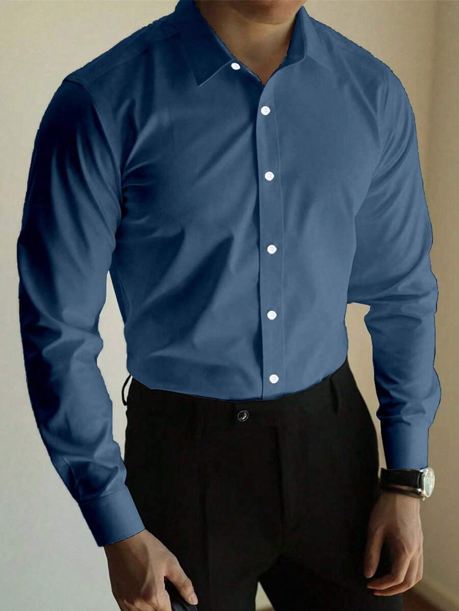 Manfinity Homme Plus Size Men's Minimalist Casual Button-Up Long Sleeve Shirt, Suitable For Commute, Navy Blue Dress Shirt Men, Dark Blue Shirt Men