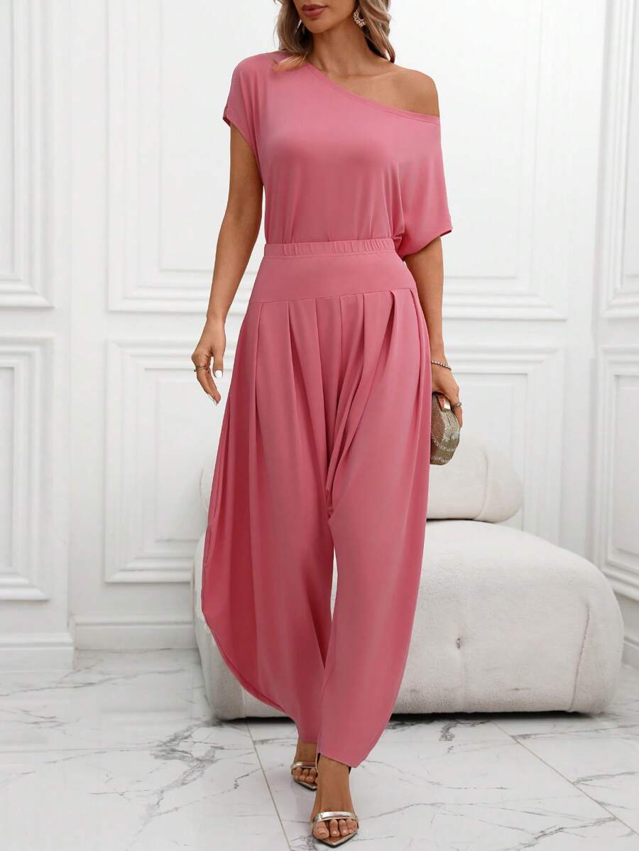 EMERY ROSE 2 pezzi Set da donna elegante e casual, top smanicato a spalla obliqua in maglia e pantaloni palazzo a vita alta con tasche