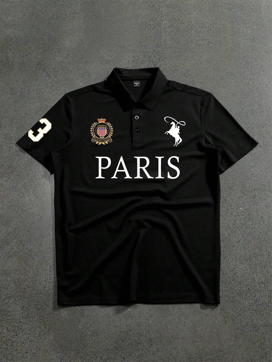 SHEIN Polo de punto holgado con estampado de letras, cuello de solapa y medio abierto, cómodo y versátil, apropiado para ir al colegio, ocio diario, vacaciones y viajes, adecuado para deportes, apto para festivales de primavera y verano, para niño preadolescente